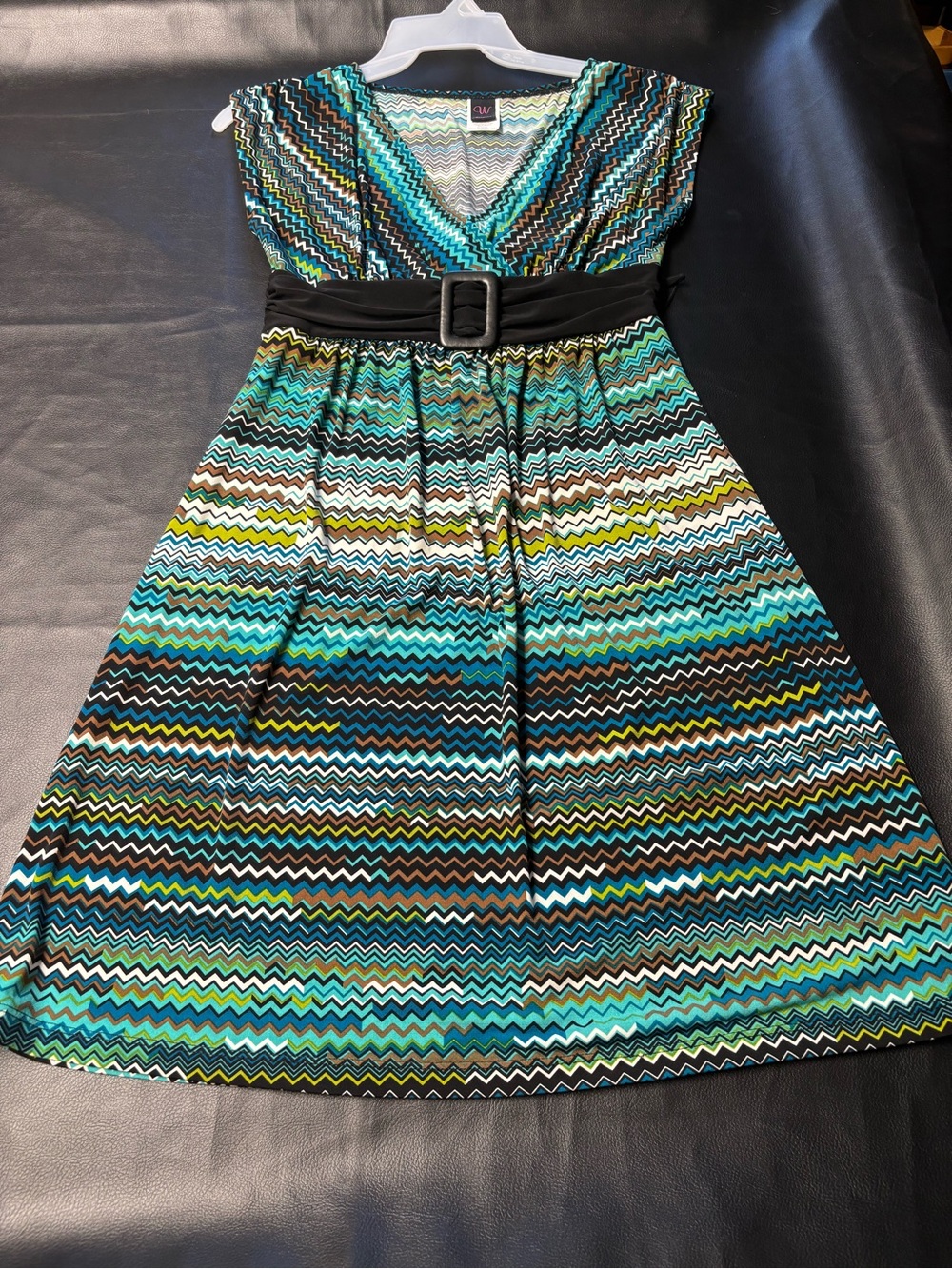 Wrapper Teal, Black & Lime Zigzag Belted V-Neck Juniors Dress